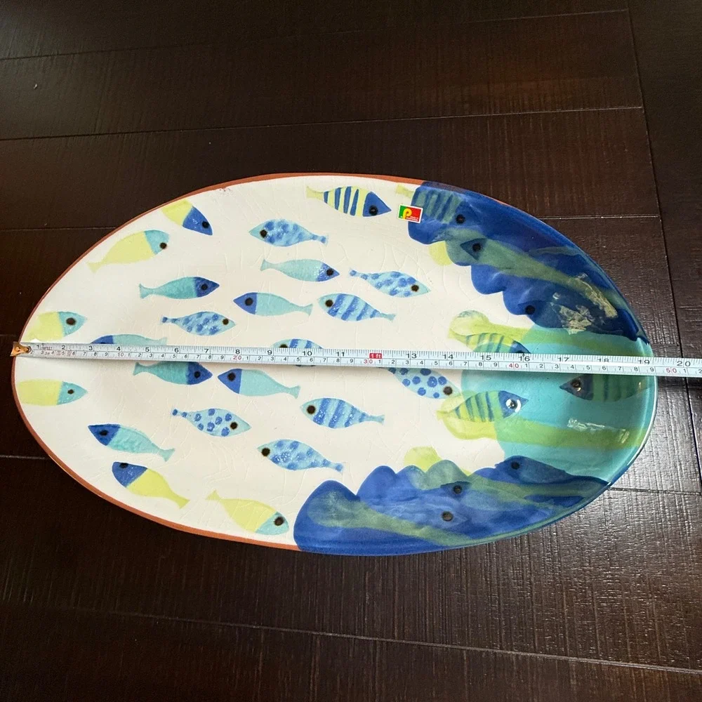 Pier 1 Terracotta Platter Decorative 19in Blue Fish Portugal Coastal Home Decor
